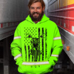 Hi Vis Hoodie Reflective Custom Name American Motorcycle US Flag Cool Biker Gift, Safety Workwear