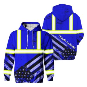 Hi Vis Hoodie Reflective Blue US Flag Paint Safety Workwear For Worker, Motorcycle Bicycle, Runner