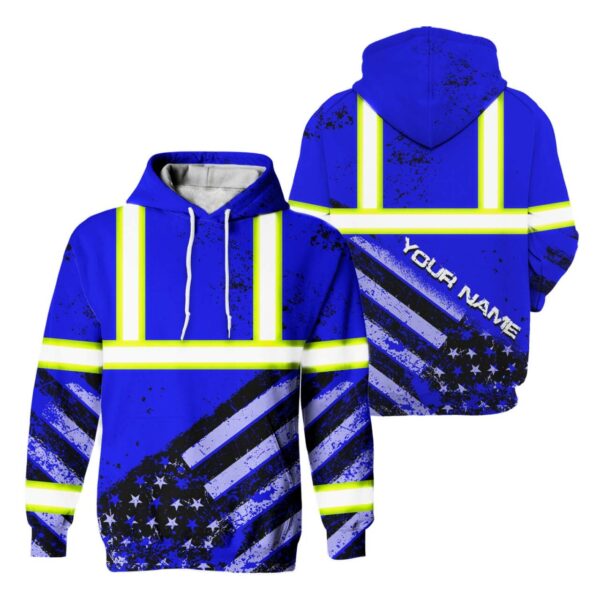 Hi Vis Hoodie Reflective Blue US Flag Paint Safety Workwear For Worker, Motorcycle Bicycle, Runner