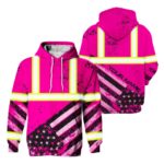 Hi Vis Hoodie Reflective Pink US Flag Paint Safety Workwear For Worker, Motorcycle Bicycle, Runner