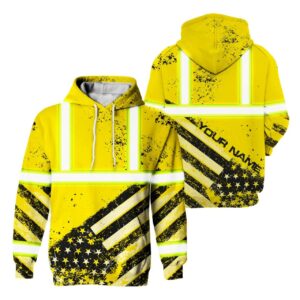 Hi Vis Hoodie Reflective Yellow US Flag Paint Safety Workwear For Worker, Motorcycle Bicycle, Runner