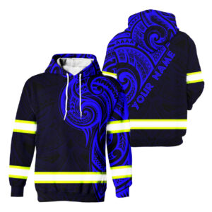 Hi Vis Hoodie Reflective Tapes Blue Neon Hawaiian Polynesian Tribal Custom Name Safety Workwear
