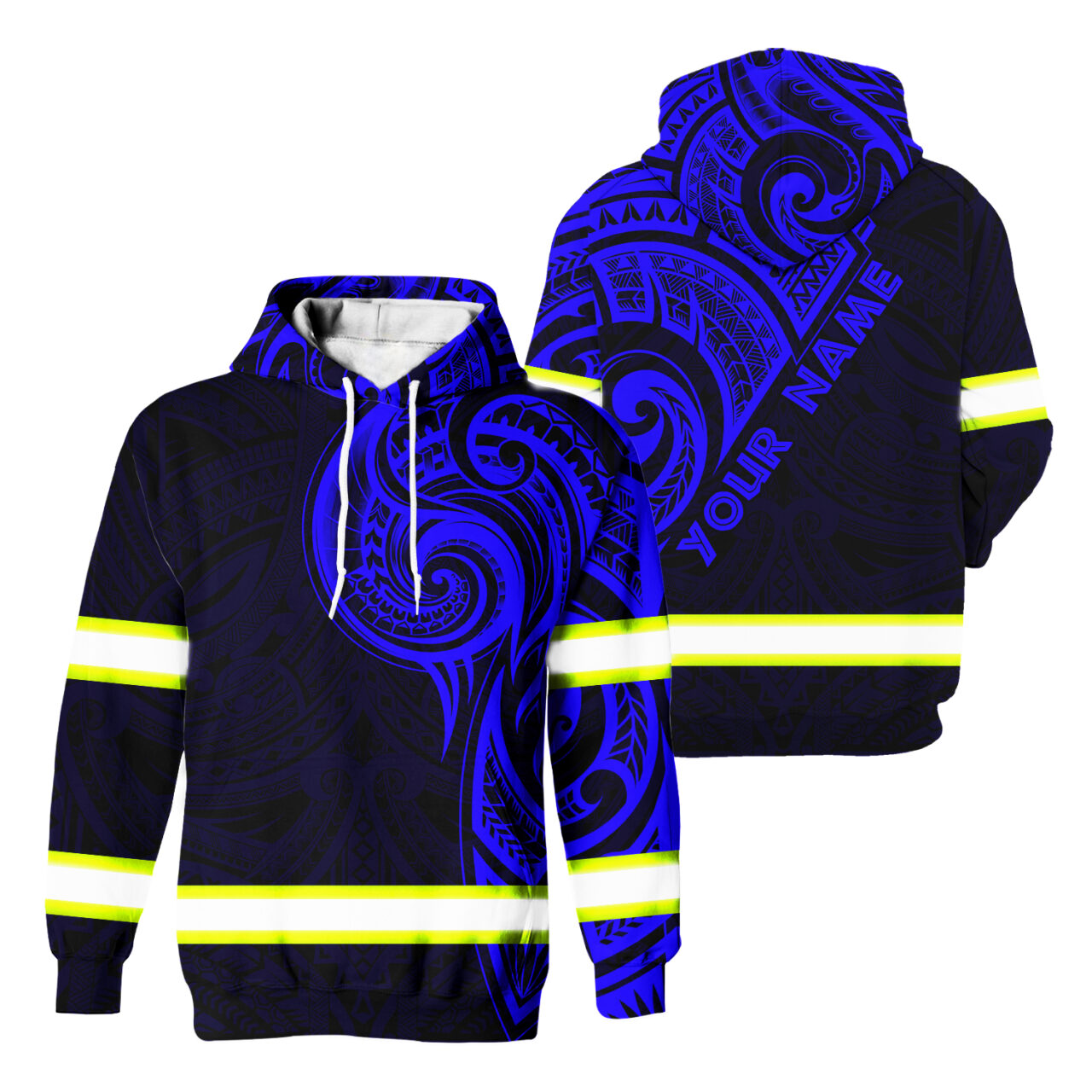 Hi Vis Hoodie Reflective Tapes Blue Neon Hawaiian Polynesian Tribal
