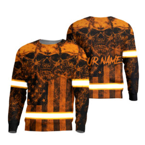 Hi Vis Long Sleeve Shirt Reflective Orange Skull US Flag Custom Name Safety Workwear