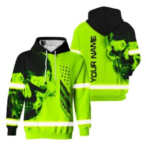 Hi Vis Hoodie Reflective Black Skull USA Flag Custom Name Safety Workwear