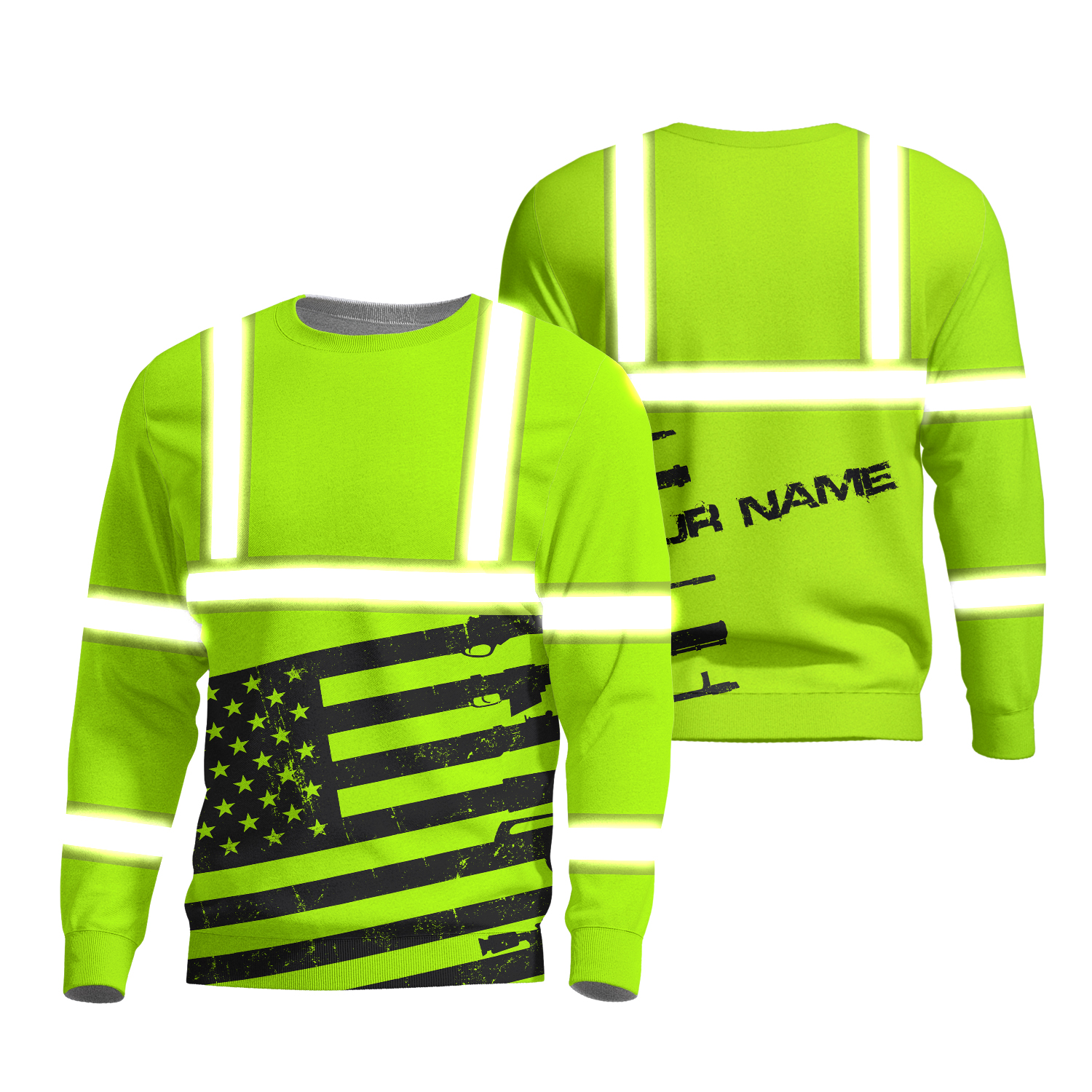 Hi Vis Shirt Reflective Green Eagle USA Flag Custom Name Safety Workwear  For Workers, Patriotic, Veteran