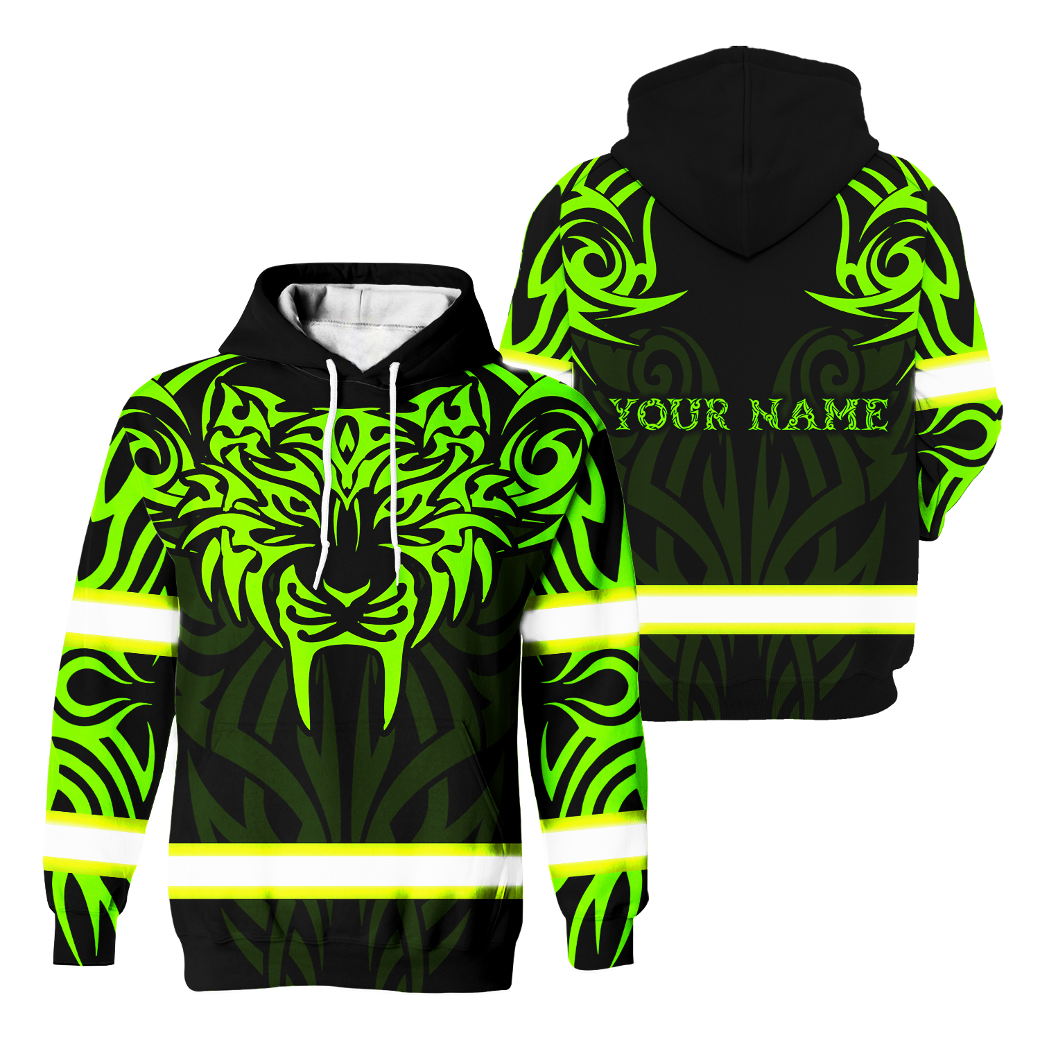 Hi Vis Hoodie Reflective Tapes Green Neon Tiger Custom Name Safety