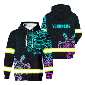 Hi Vis Hoodie Reflective Gradient Polynesian Turtle Hawaiian Custom Name Safety Workwear For Men, Truckers, Workers, Runners, Cyclists