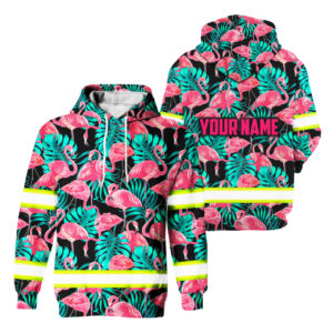 Hi Vis Hoodie Reflective Tapes Pink Flamingo Flower Hawaiian Custom Name Safety Workwear For Workers, Runners, Cyclists