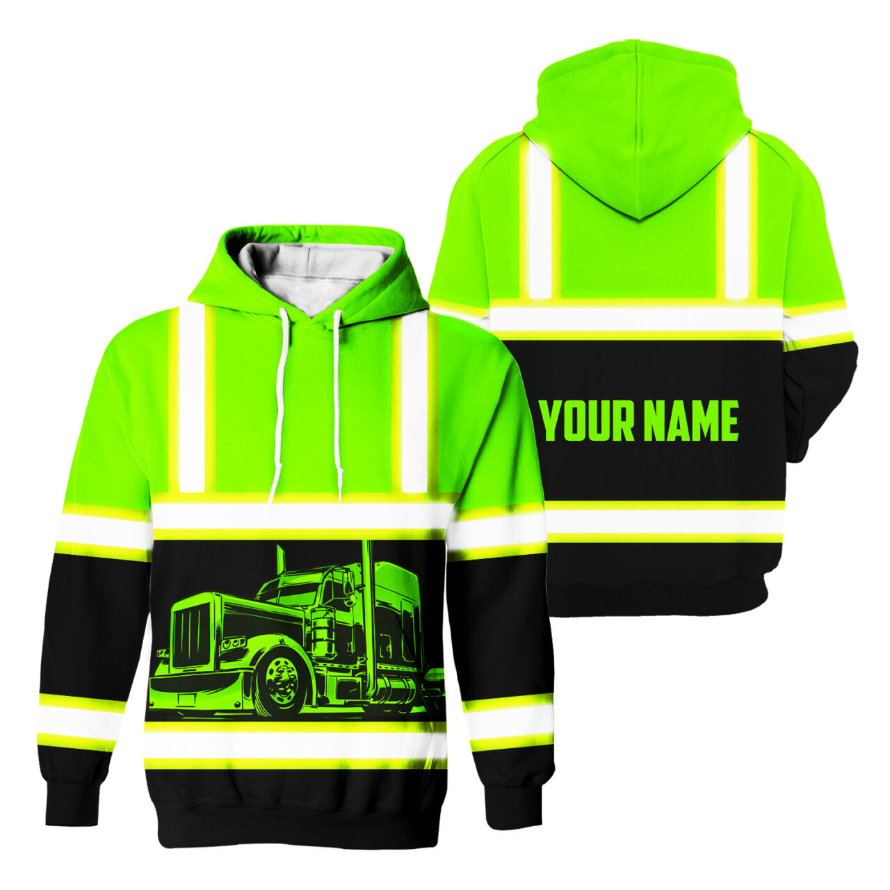 Hi Vis Hoodie Reflective Tapes Green Semi Truck Driver Custom Name