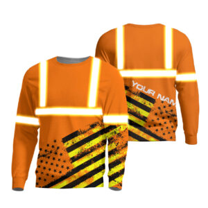 Hi Vis Long Sleeve Shirt Reflective Black And Orange Neon USA Flag Custom Name Safety Workwear
