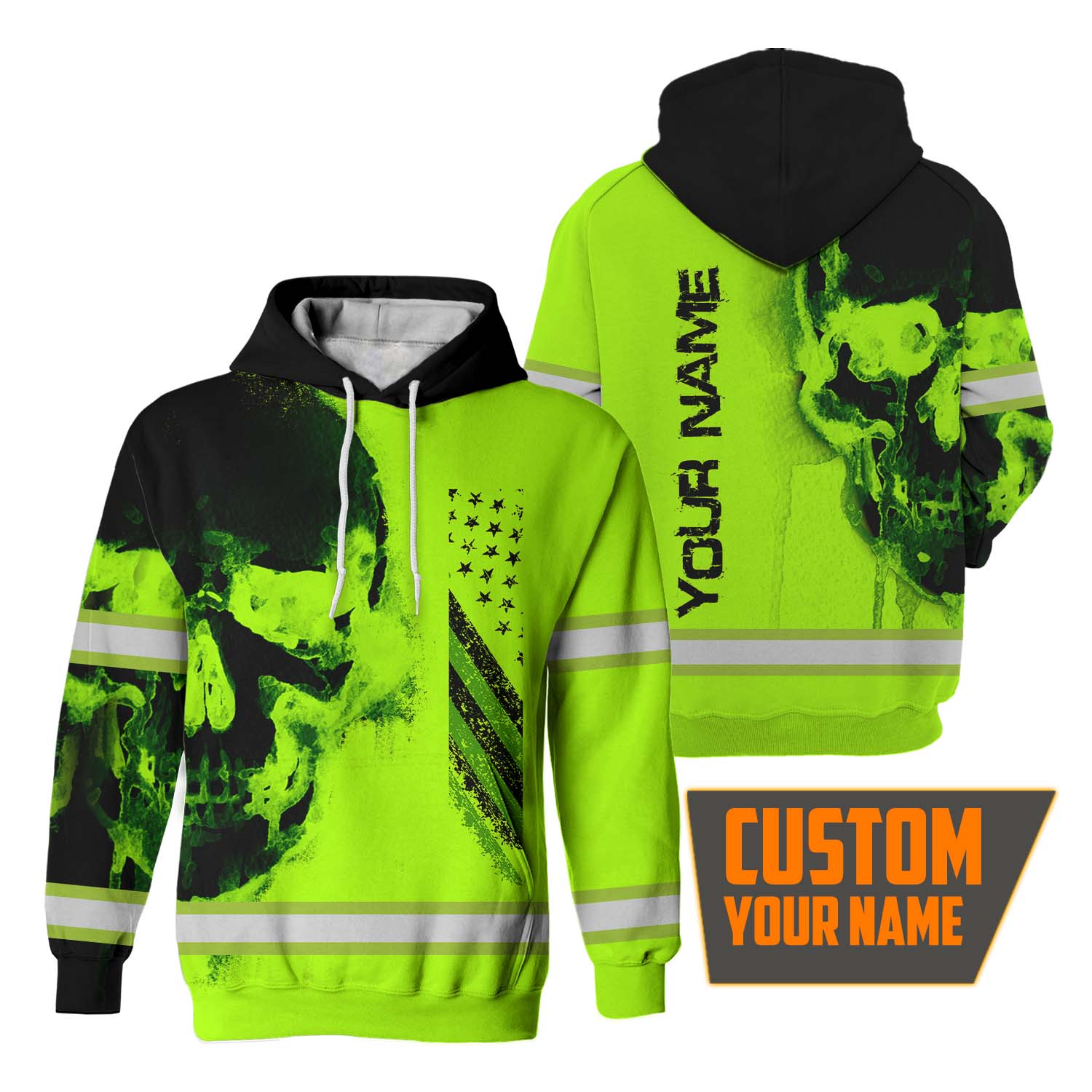 Hi Vis Hoodie Reflective Black Skull USA Flag Custom Name Safety Workwear  For Worker, Operator, Trucker