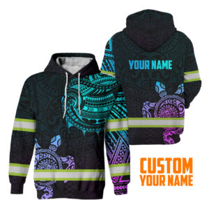 Hi Vis Hoodie Reflective Gradient Polynesian Turtle Hawaiian Custom Name Safety Workwear For Men, Truckers, Workers, Runners, Cyclists