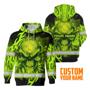 Hi Vis Hoodie Reflective Tapes Paint Flakes Skull Custom Name Safety Workwear For Workers, Runners, Cyclists