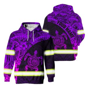 Hi Vis Hoodie Reflective Tapes Violet Neon Turtle Hawaiian Polynesian Tribal Custom Name Safety Workwear