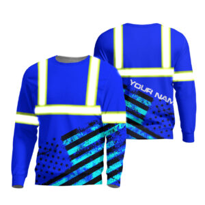 Hi Vis Long Sleeve Shirt Reflective Black And Blue Neon USA Flag Custom Name Safety Workwear