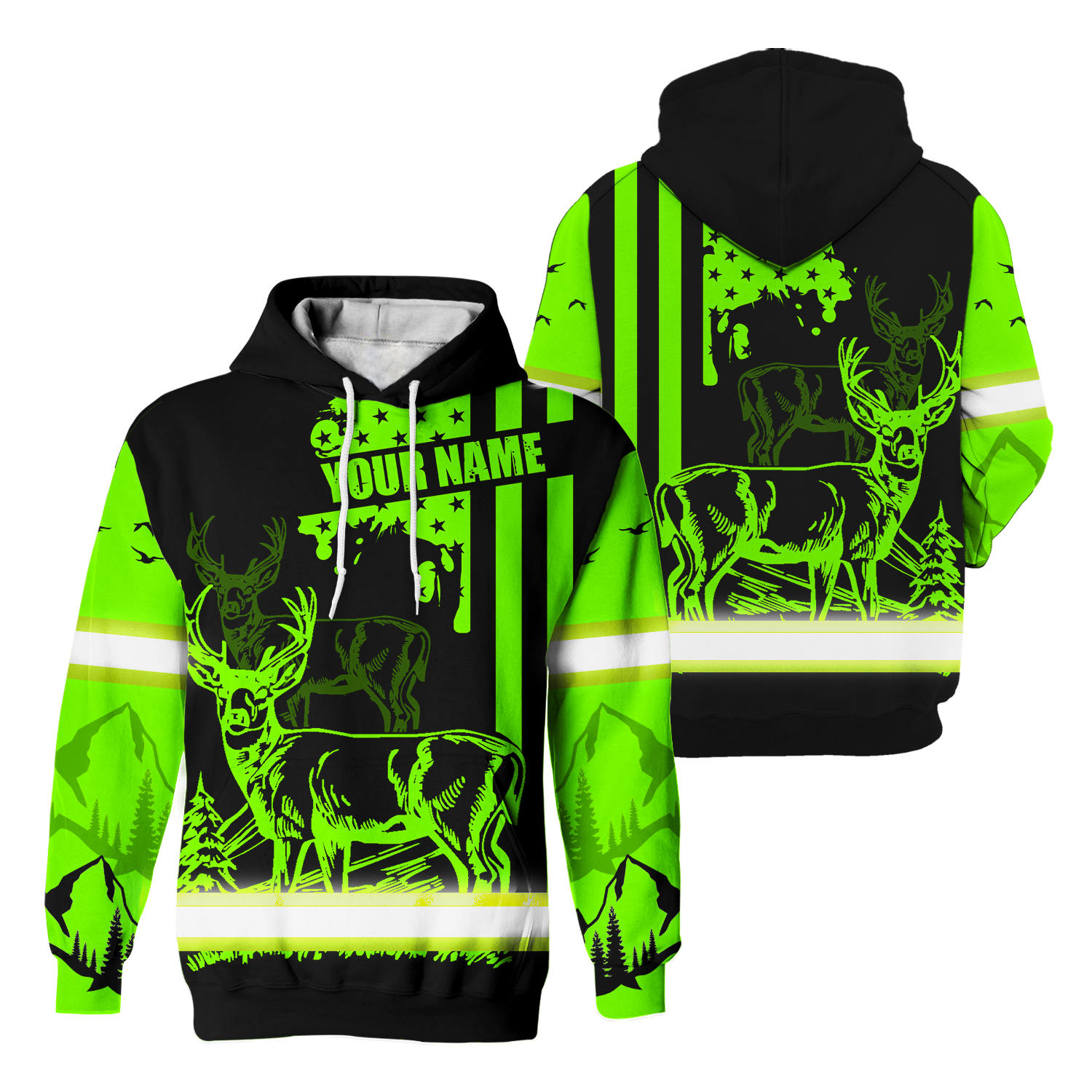 Hi Vis Hoodie Reflective Deer Hunting US Flag Custom Name Patriotic