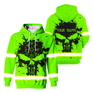Hi Vis Hoodie Reflective Tapes Green Neon Skull Viking Symbol Custom Name Safety Workwear