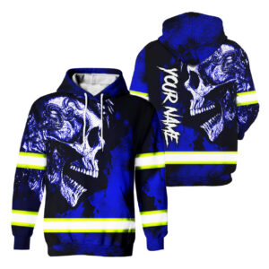 Hi Vis Hoodie Reflective Tapes Blue Neon Skull Custom Name Safety Workwear