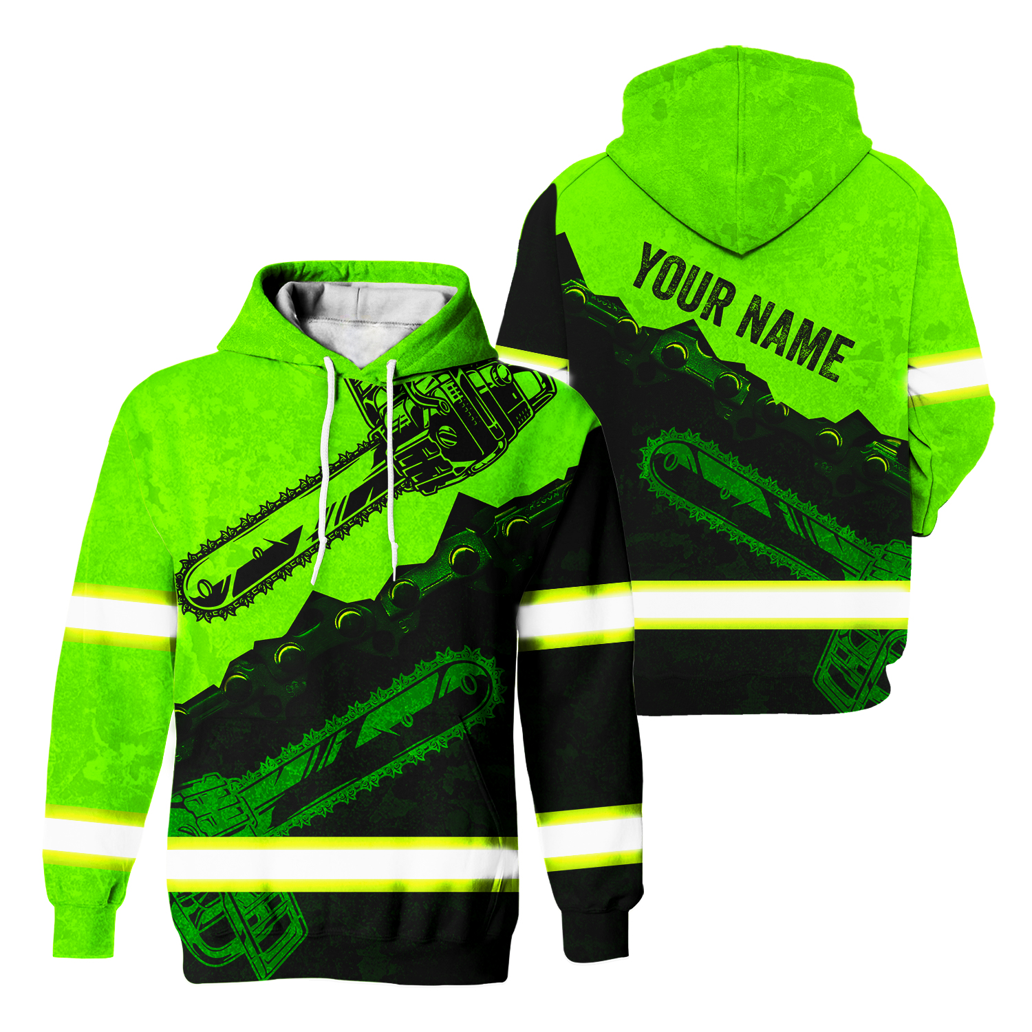 Hi Vis Hoodie Reflective Tapes Green Neon Chainsaw Logger Custom Name
