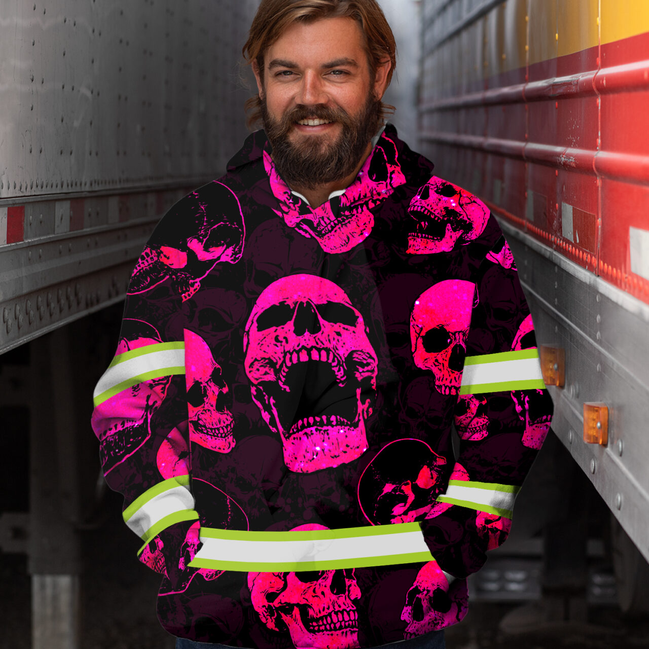 Hi Vis Hoodie Reflective Tapes Pink Neon Skull Safety Workwear