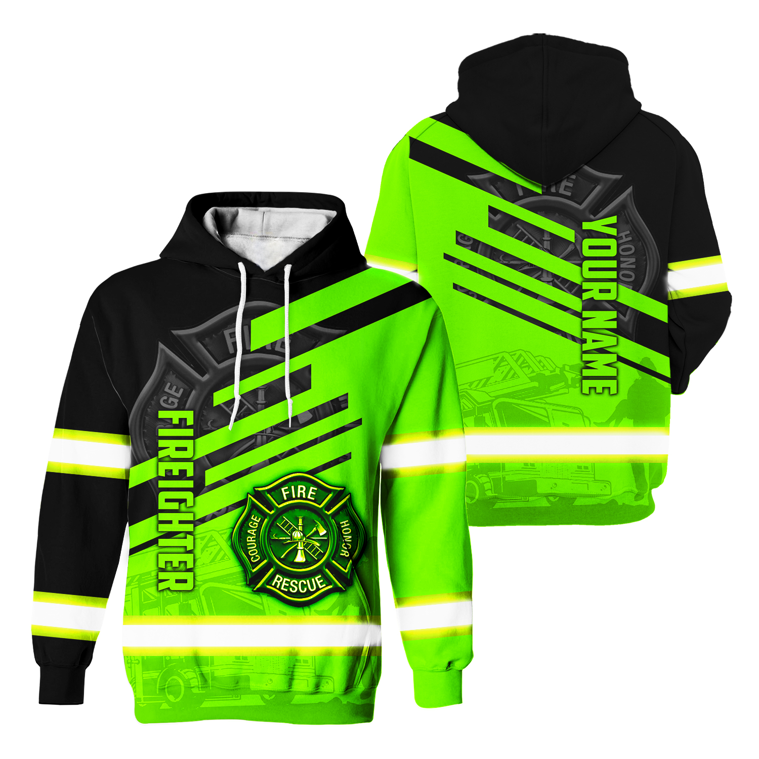 Custom Firefighter Name Reflective Hi Vis Hoodies - Neon Green Safety ...