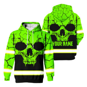 Hi Vis Hoodie Reflective Tapes Green Neon Crack Skull Custom Name Safety