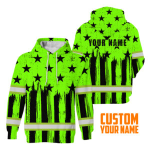 Hi Vis Shirt Reflective Green Eagle USA Flag Custom Name Safety Workwear  For Workers, Patriotic, Veteran