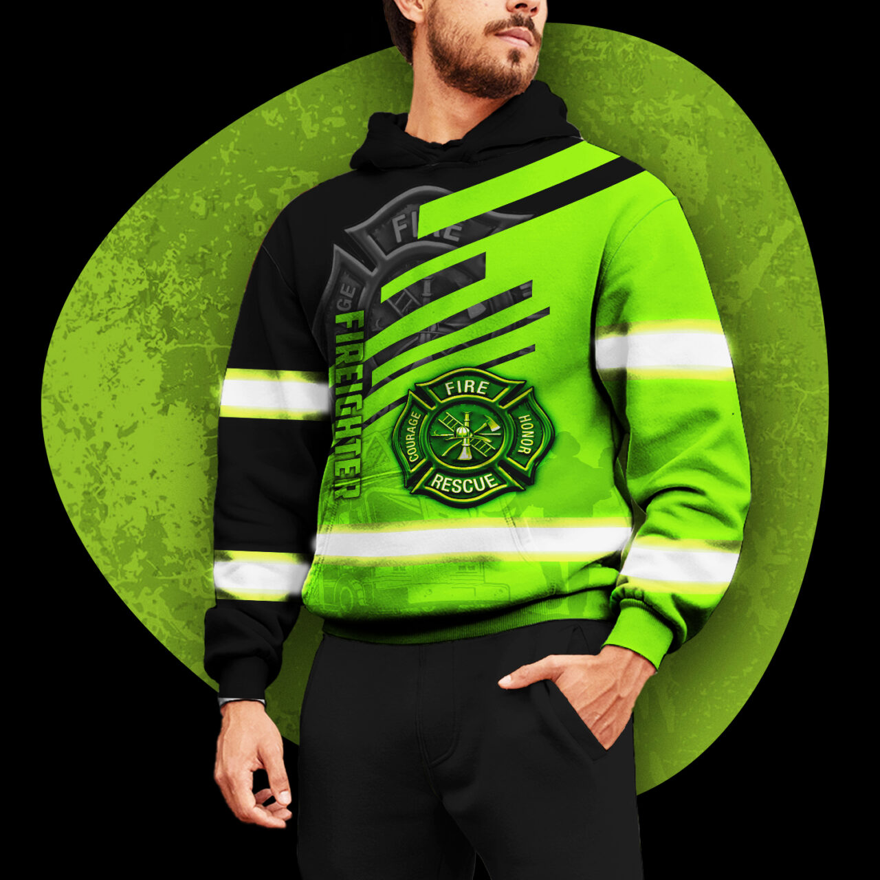 Custom Firefighter Name Reflective Hi Vis Hoodies - Neon Green Safety ...