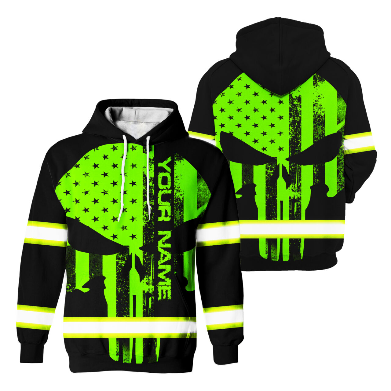 Custom American Flag & Camp; Skull Reflective Hi Vis Hoodies Neon