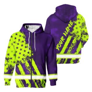 Hi Vis Zip Hoodie Reflective Tapes Green Violet Flag Custom Name