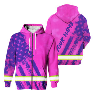 Hi Vis Zip Hoodie Reflective Tapes Pink Violet Flag Custom Name