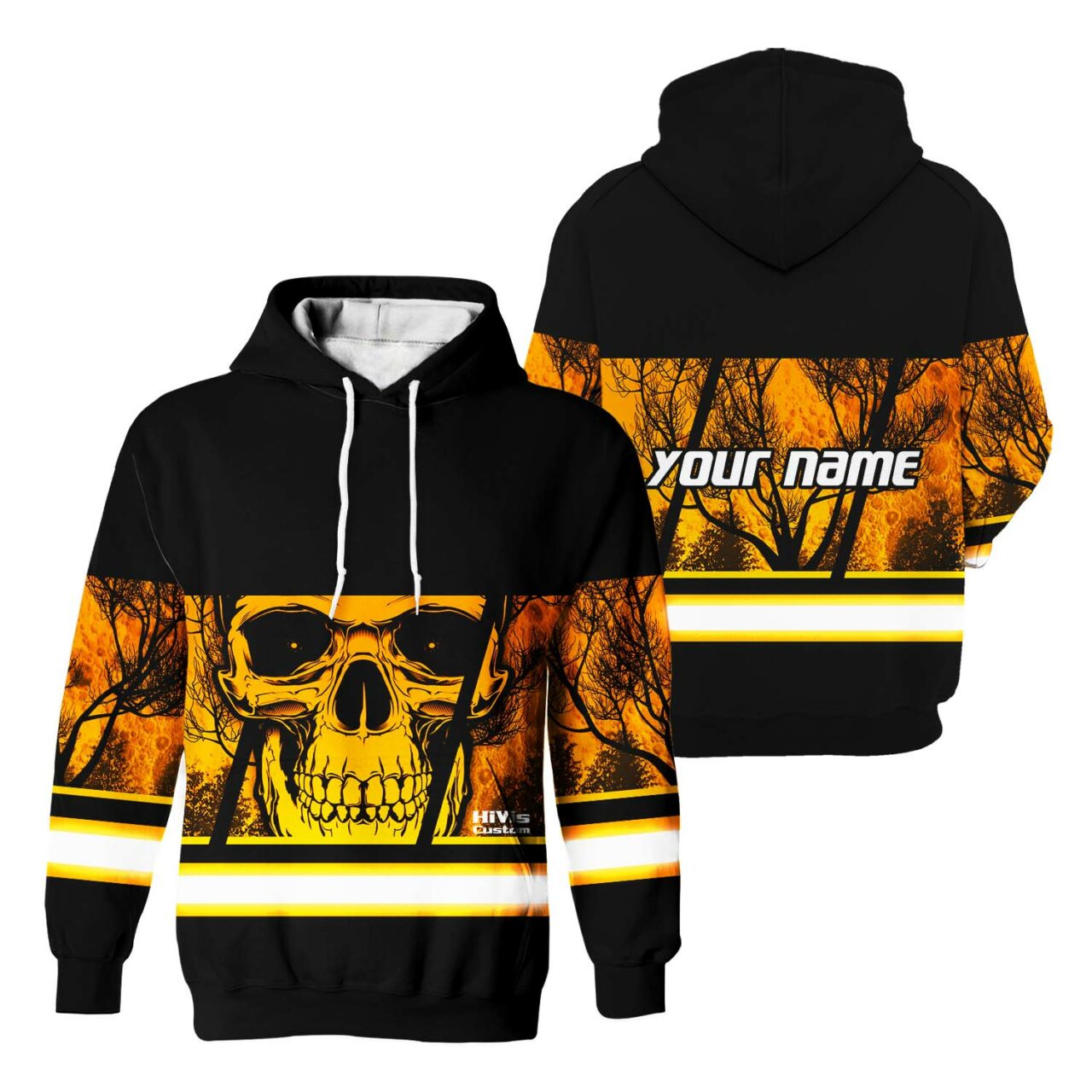 Hi Vis Hoodie Reflective Orange Skull USA Flag Custom Name Safety