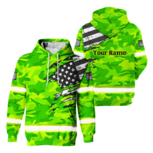Hi Vis Hoodie Reflective Scratch Green Camo Neon US Flag Custom Name