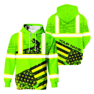 Hi Vis Hoodie Reflective Tapes Green US Flag Roofer Custom Name