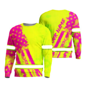 Hi Vis Long Sleeve Shirt Reflective Tapes Green Neon And Pink US Flag Custom Name Safety Workwear