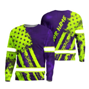 Hi Vis Long Sleeve Shirt Reflective Tapes Green Neon And Violet US Flag Custom Name Safety Workwear