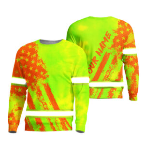 Hi Vis Long Sleeve Shirt Reflective Tapes Lime Neon And Orange US Flag Custom Name Safety Workwear