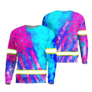 Hi Vis Long Sleeve Shirt Reflective Tapes Pink Neon And Blue US Flag Custom Name Safety Workwear