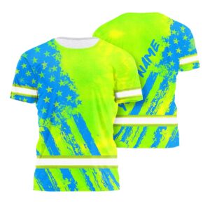 Custom High Vis Shirts Reflective Tapes Green Neon And Blue US Flag Custom
