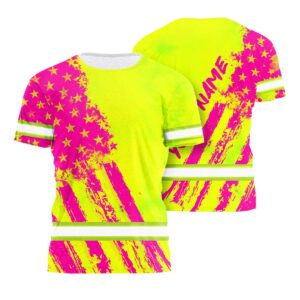 Hi Vis Shirt Reflective Tapes Green Neon And Pink US Flag Custom Name