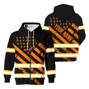 Hi Vis Zip Hoodie Reflective Tapes Black Orange USA Flag Safety