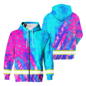 Hi Vis Zip Hoodie Reflective Tapes Blue Pink Flag Custom Name
