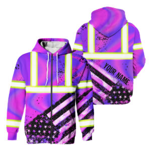 Hi Vis Zip Hoodie Reflective Tapes Hologram USA Flag Safety Workwear