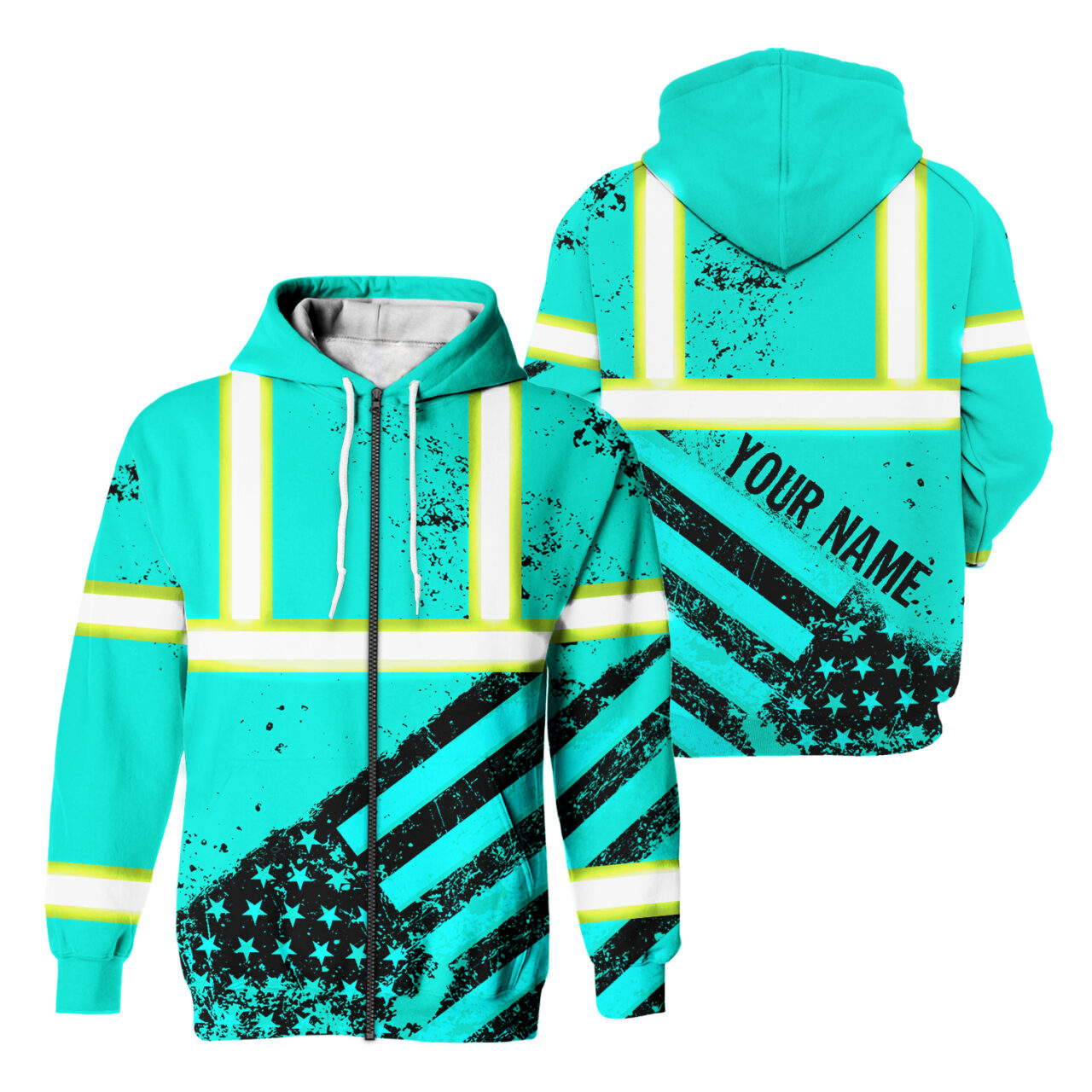 Hi Vis Zip Hoodie Reflective Tapes Mint Neon USA Flag Safety Workwear