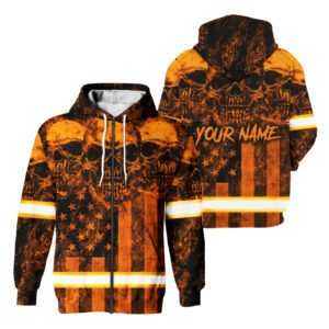 Hi Vis Zip Hoodie Reflective Tapes Orange Skull US Flag Safety Workwear