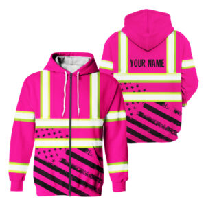Hi Vis Zip Hoodie Reflective Tapes Pink USA Flag Safety Workwear For Workers