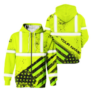 Hi Vis Zip Hoodie Reflective Tapes Yellow Neon USA Flag Safety Workwear