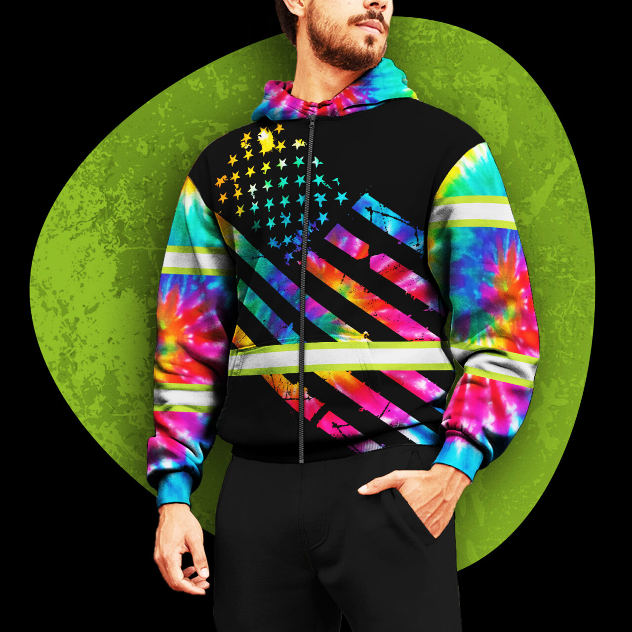 Hi Vis Zip Hoodie Reflective Tapes Rainbow Tie Dye Safety