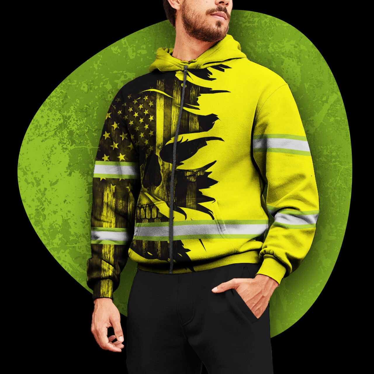 Hi Vis Zip Hoodie Reflective Tapes Yellow Neon Skull US Flag
